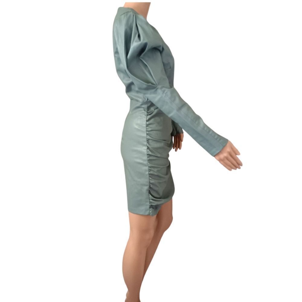 Zara Faux Leather Dress L Sexy Ruched Blogger Puff Sleeves Bodycon Avant Garde - Picture 3 of 16